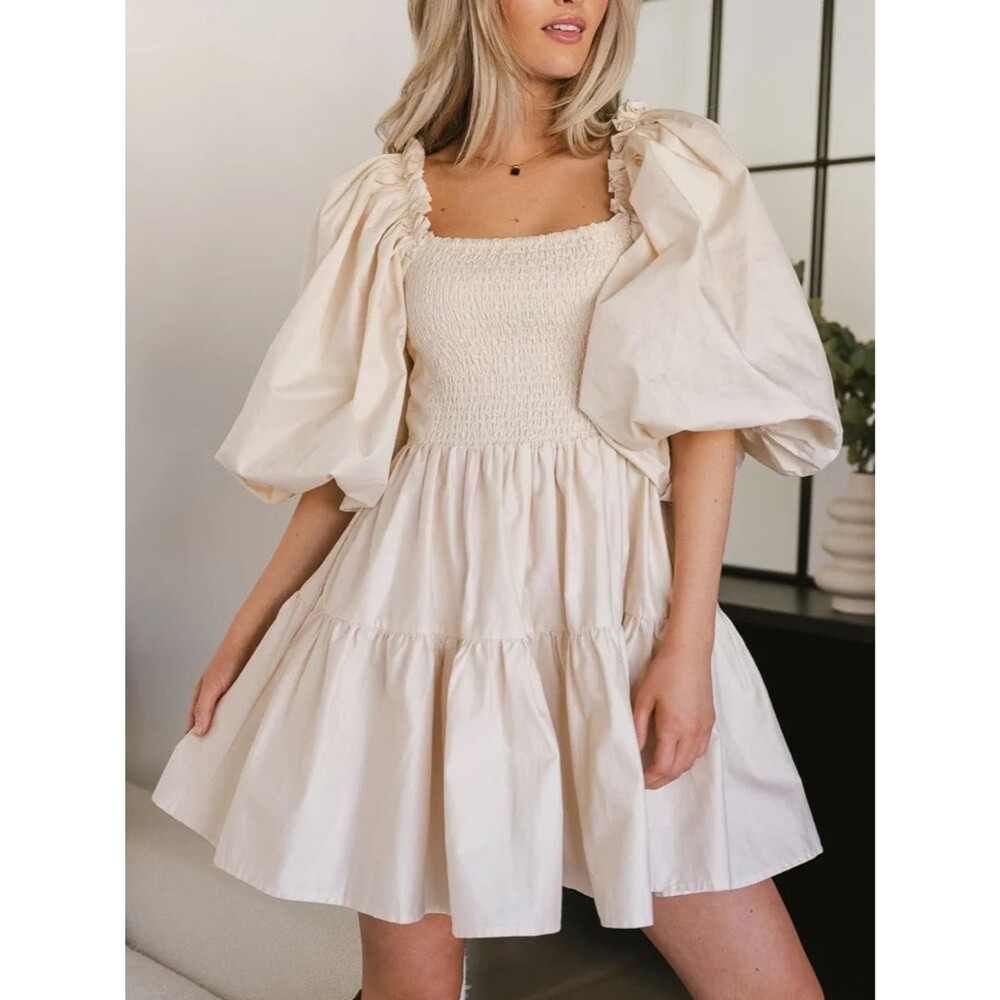 NWT Sofie the Label Smocked Puff Sleeve Mini Dress Cream Tiered Babydoll Large